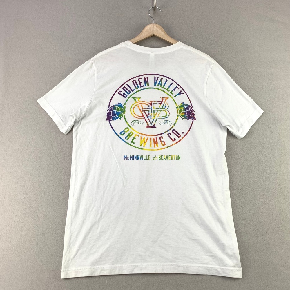 Golden Valley Brewing T-Shirt Mens L White Rainbow Graphic Brewpub